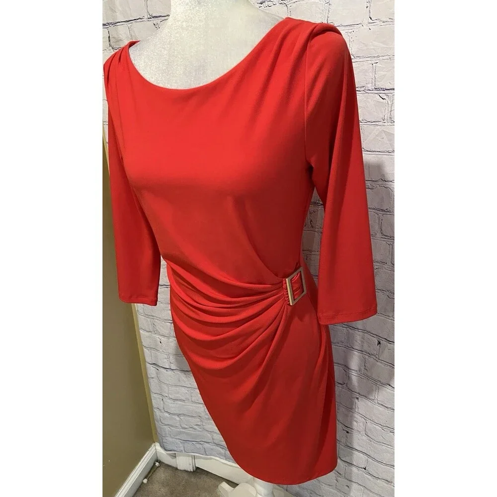 Tahari ASL Levine Orange 3/4 Sleeve Ruched Side Buckle Dress Career Office 6 - Picture 2 of 7